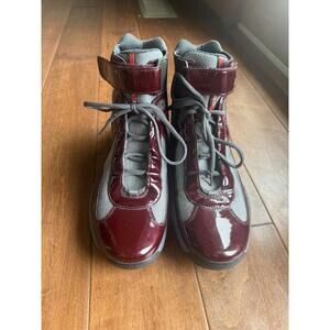 PRADA Americas Cup Burgundy Patent Leather Sneakers High Top Size EU 8.5 US 9.5